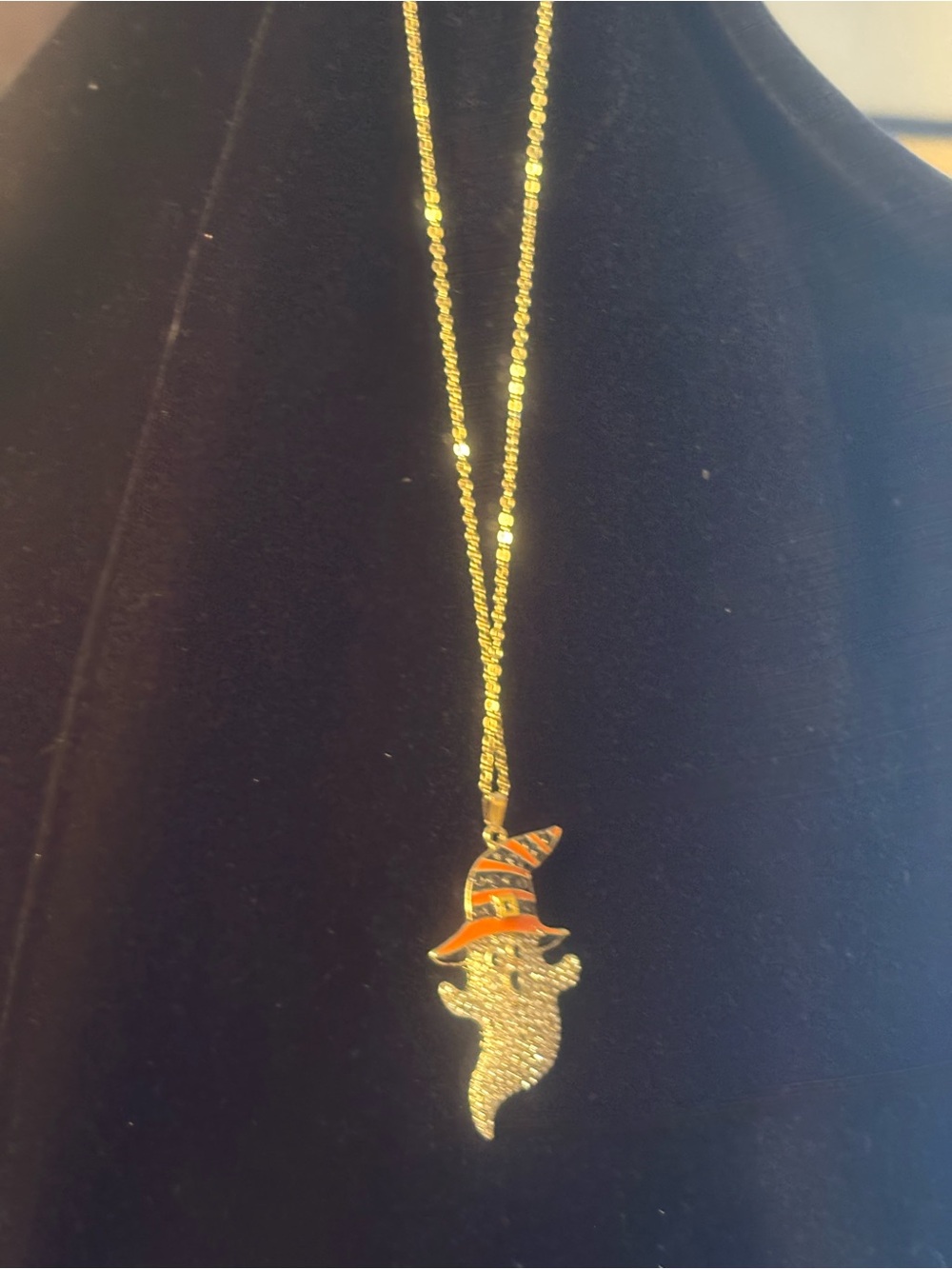 Gold Ghost Pendant Necklace with Orange Enamel Witch Hat
